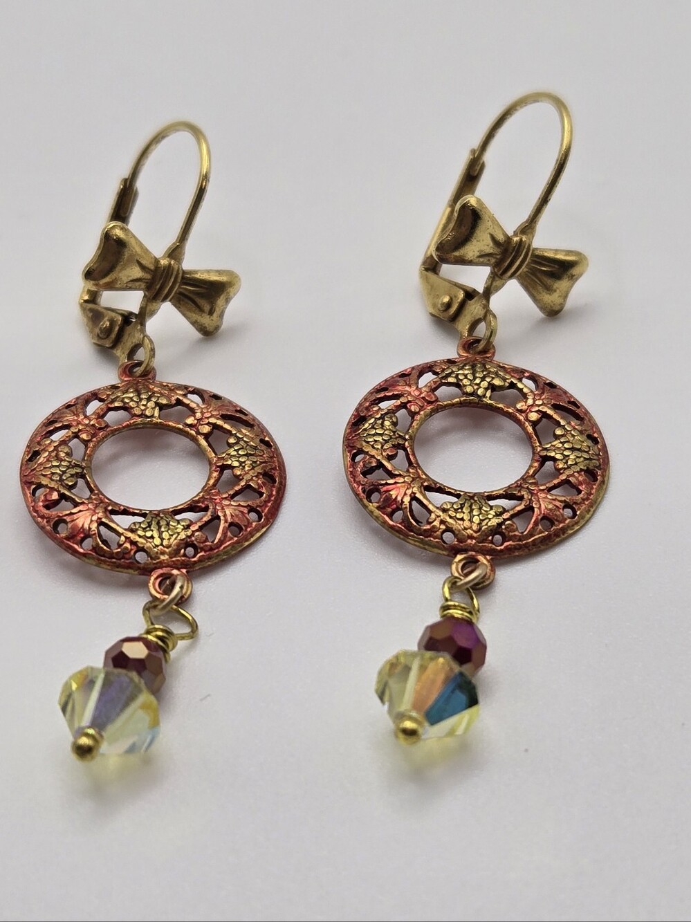 Handpainted Dangle Earrings In Gold & Rose Tone Faceted Beading With Bows